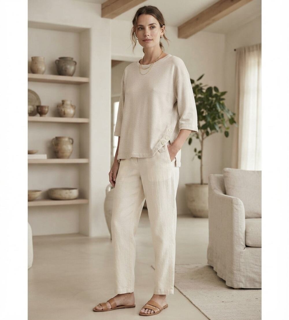 Poetry Hemp Cotton Neutral Top Crewneck Side Buttons Lagenlook Coastal 12
